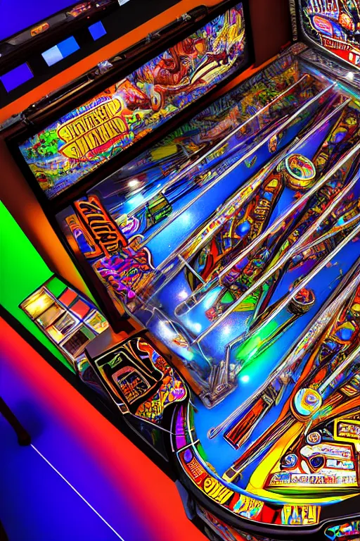 Image similar to a detailed pinball table layout overhead view, game art, realistic digital art, fluorescent colors, halluzinogenic, multicolored, exaggerated detailed, unreal engine