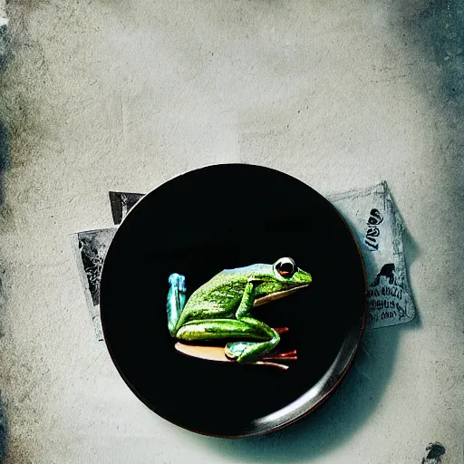 Prompt: frog hovering over a plate with black milk, polaroid photography in style of andrey tarkovski, paranormal, spiritual, mystical, sublime