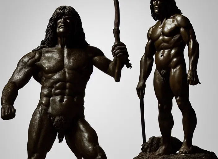 Prompt: a full figure rubber sculpture of a small conan the barbarian standing in front of a giant golem, by Michelangelo, dramatic lighting, rough texture, subsurface scattering, wide angle lens