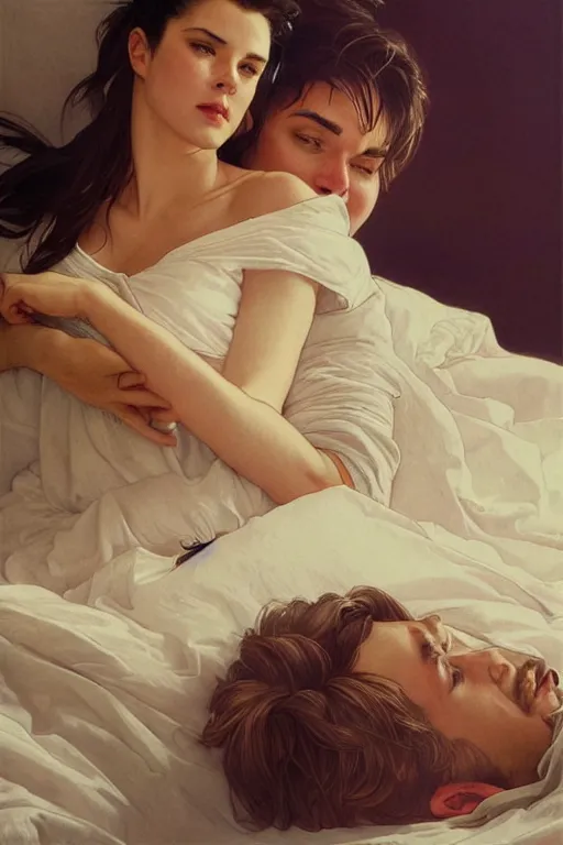 Image similar to portrait of a man in dhl uniform hugging his wife in a bed, feelings, romantic, fantasy, intricate, elegant, highly detailed, digital painting, artstation, concept art, smooth, sharp focus, illustration, art by artgerm and greg rutkowski and alphonse mucha