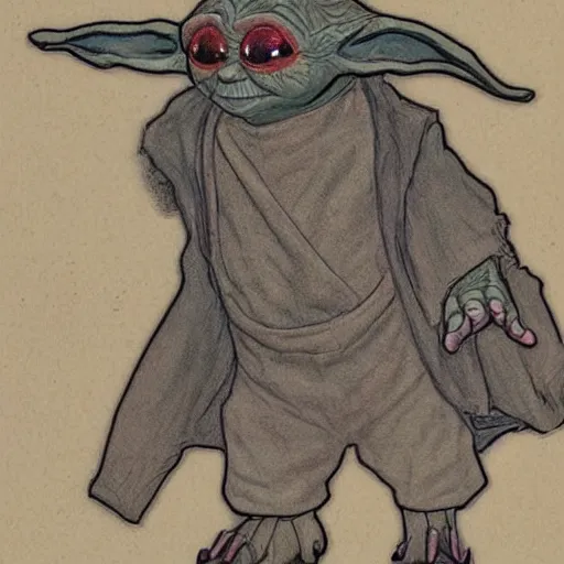 Prompt: Vintage, detailed, colored sketch of Yoda's anatomy, full body, with full descriptions, on parchment