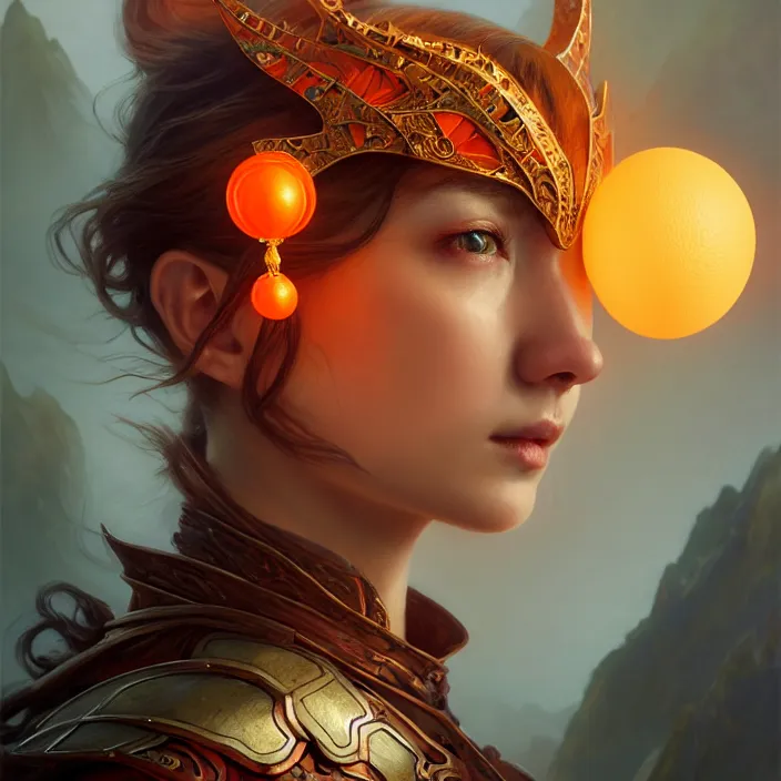 Image similar to head and shoulders portrait of a d & d ranger with her porcelain armor, chinese kangxi orange and white, volumetric lighting, fantasy, intricate, elegant, lifelike, photorealistic, artstation, concept art, sharp focus, by john collier and albert aublet and krenz cushart and artem demura and alphonse mucha