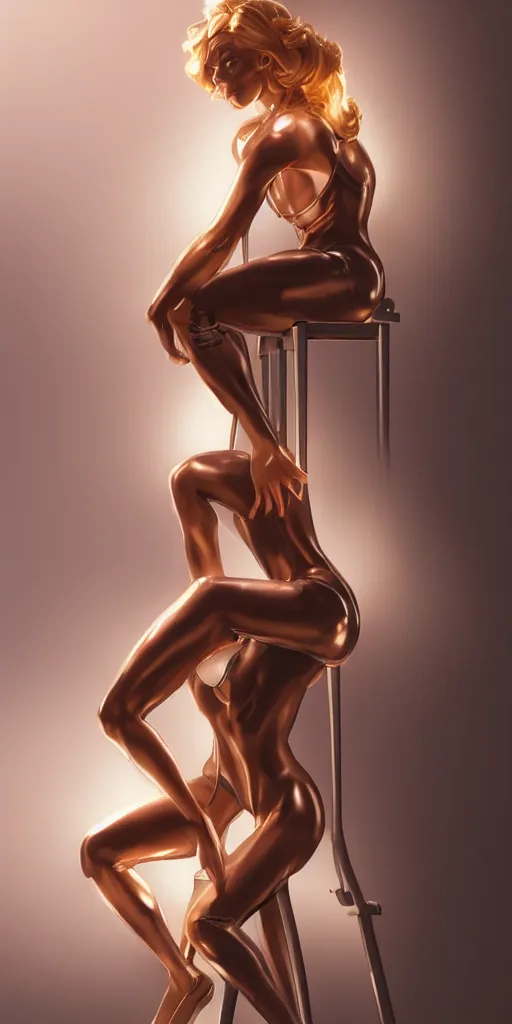 Prompt: beauty woman sitting on a stool, dramatic lighting, mechanical details, back facing, electrical details, high details, 4k, 8k, trending on artstation, by Hajime Sorayama and Boris Vallejo