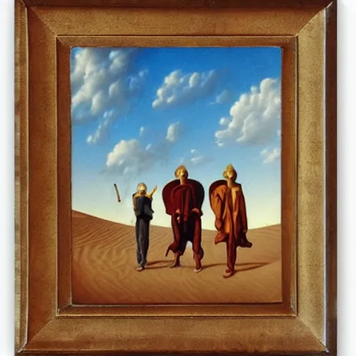 Image similar to a surrealism fantasy painting of the three men carrying a chest in the desert by finlay virgil