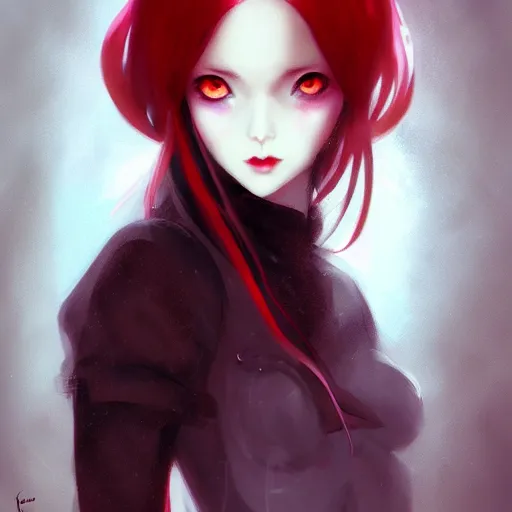 Image similar to facial portrait of a young pretty anime woman, long red hair, dark eyes, gothic eyeliner, character concept art, headshot, Charlie Bowater, Anna Dittmann, WLOP, Rumiko Takahashi, Akihiko Yoshida, Hyung-tae Kim, alexander mcqueen, trending on Artstation