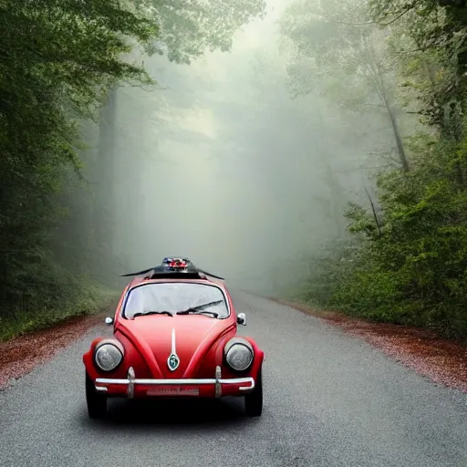 Image similar to promotional scifi - mystery movie scene of a ( volkswagen beatle ) and ladybug hybrid. racing down a dusty back - road in smokey mountains tennessee. cinematic, 4 k, imax, 7 0 mm