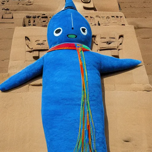 Image similar to blue'snappy gifts'human - sized plush doll, at the pyramids in egypt, holding gift, happy atmosphere, high detail, soft lighting, 8 k