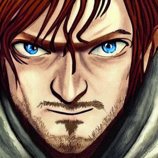 Image similar to boromir from the anime lord of the rings (1986), ginger hair, looking serious, some beard, studio ghibli, very detailed, realistic