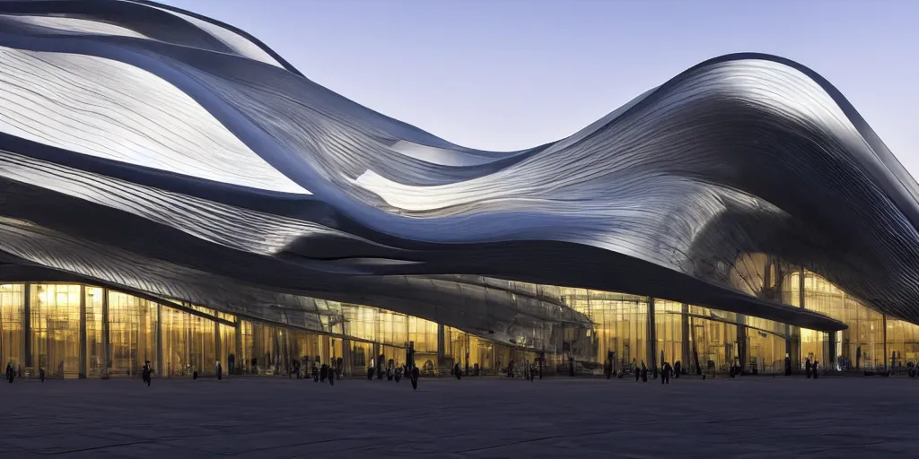 Image similar to extremely elegant smooth detailed stunning sophisticated beautiful elegant futuristic museum exterior by Zaha Hadid, Milan buildings in the background, smooth curvilinear design, stunning volumetric light, stainless steal, concrete, translucent material, beautiful sunset, tail lights