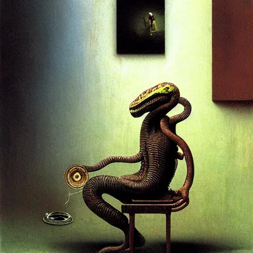 Prompt: by Beksinski , cyborg sitting Infront, snake getting into gramophone, high quality image, denoise