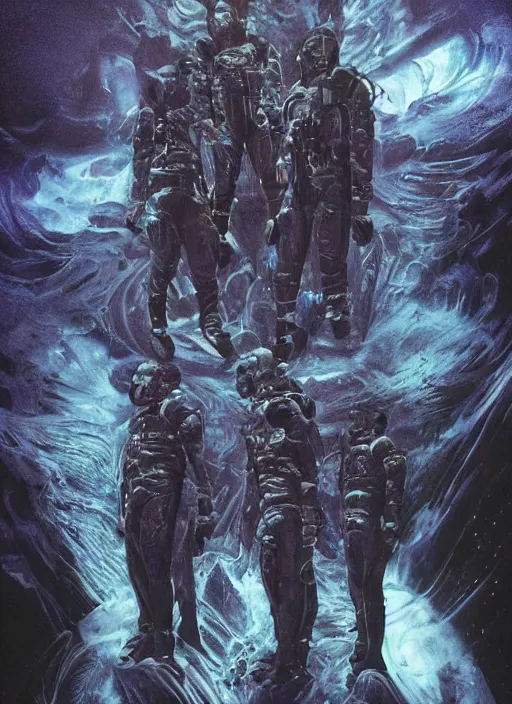 Image similar to astronauts in the dark infinite underwater void - complex and hyperdetailed technical suit, fabric material. reflection and dispersion materials. rays and dispersion of light. volumetric light. wide angle, f / 3 2. noise film photo. flash photography. ultra realistic, wide angle. poster by wayne barlowe, hajime sorayama aaron horkey, craig mullins