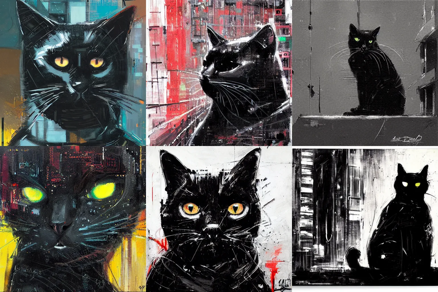 Prompt: cyberpunk fat black cat by Guy Denning, by Alena Aenami, extreme low angle