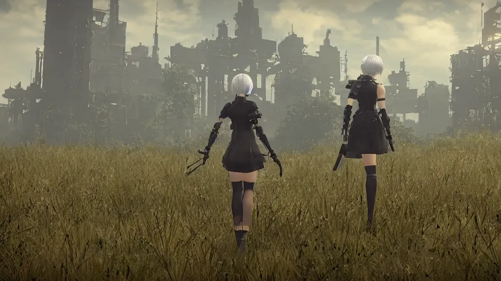 Image similar to Screenshot from Nier Automata in a beautiful countryside field