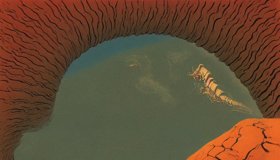 Image similar to a giant sandworm bursting out of the sand on a mountainous desert planet, by roger dean, by dean ellis, by moebius, oil on canvas, highly detailed, soft lighting