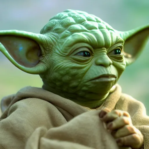 Image similar to a civilization of members of Yoda's species interacting with eachother on their home planet, award winning nature photo 8k