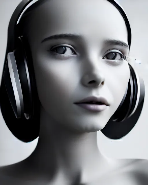 Image similar to black and white dreamy young beautiful female artificial intelligence with a futuristic headset, cinematic, rim light, bokeh, photo - realistic, elegant, high detail, 8 k, masterpiece, photo taken in 1 9 3 0