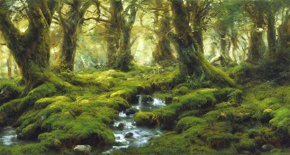 Image similar to ancient oak forest, mossy rocks, stream, oil painting, vivid colors, brush strokes, elegant, highly detailed, by richard schmid and john singer sargent