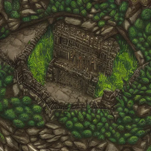 Prompt: , dnd dungeon map of giant ancient castle in an forest with some ivy plants on the walls, cinematic, epic, dramatic lighting from above, dark, vines, fantasy, dust, unreal engine, octane, highly detailed, concept art, dark, super realistic,