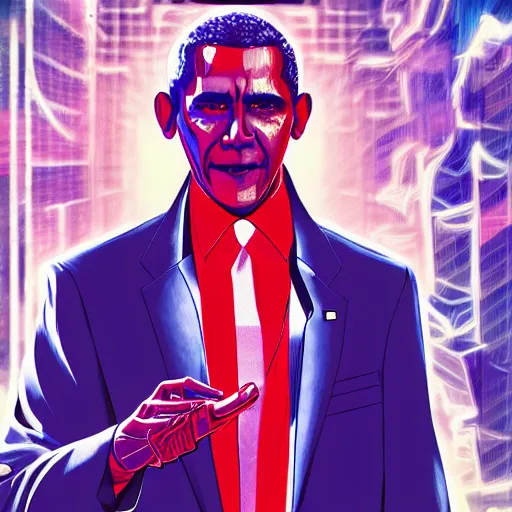 Prompt: cyberpunk barack obama as the leader of a futuristic communist nation, cybernetics, sharp lines, digital, artstation, colored in