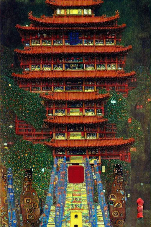 Image similar to cyberpunk chinese ancient castle, fantasy, painting by Gustav Klimt