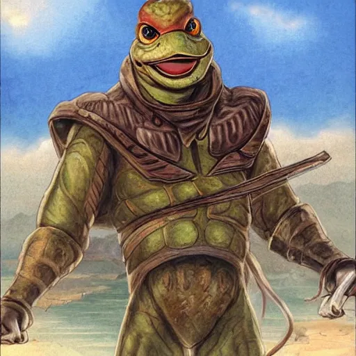 Prompt: anthropomorphic turtle hero, james gurney