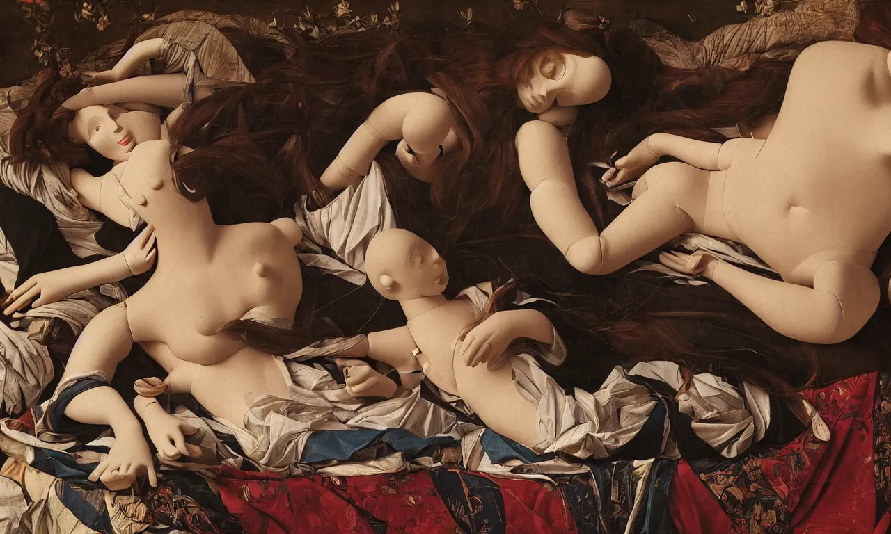 Prompt: a portrait of a beautiful female mannequin, a jointed wooden art doll with long flowing hair, sleeping on a patchwork quilt with a cat asleep next to her, cats sleeping, by Raphael, by Caravaggio