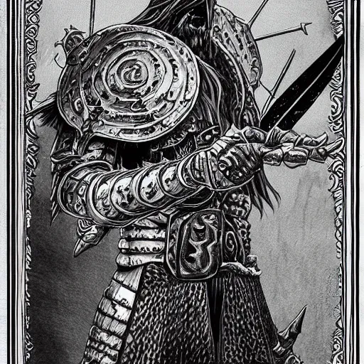 Prompt: intricate detailed burger armor warrior with huge fork weapon, dark fantasy art by kentaro miura