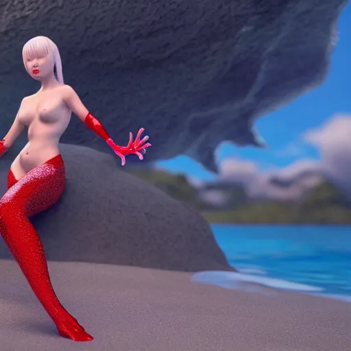 Image similar to albino Asian mermaid on the beach, full body, unreal engine octane, red and white, gliter, depth of field, 8k, hyper detailed, intricate, tending on artstation