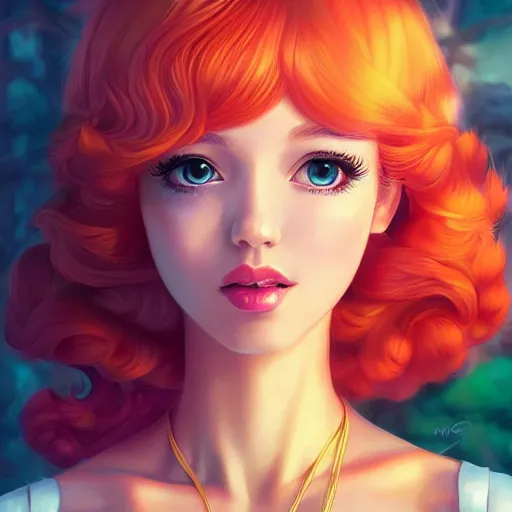 Image similar to a beautiful scenic painting of a beautiful young woman that looks like princess peach by artgerm and wlop and wes anderson and spike jonze