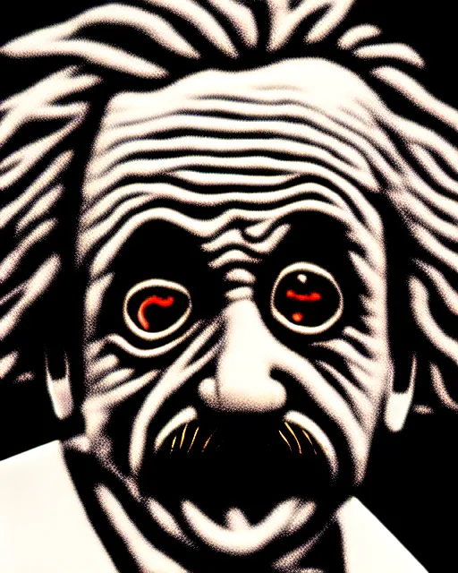 Image similar to gritty close up picture of albert einstein with hollow eyes, lovecratftian, horror, eldritch abomination, artstation