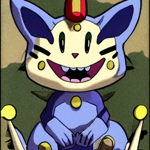 Image similar to photo of meowth from pokemon crucifixion