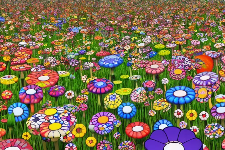 Image similar to Floral psychedelic apocalypse caused by the crashing of the Murakami flower meteor in the peaceful village of mushrooms, unreal engine 5 render, art by Takashi Murakami, Meteor made out of Murakami flowers, tiny mushroom village