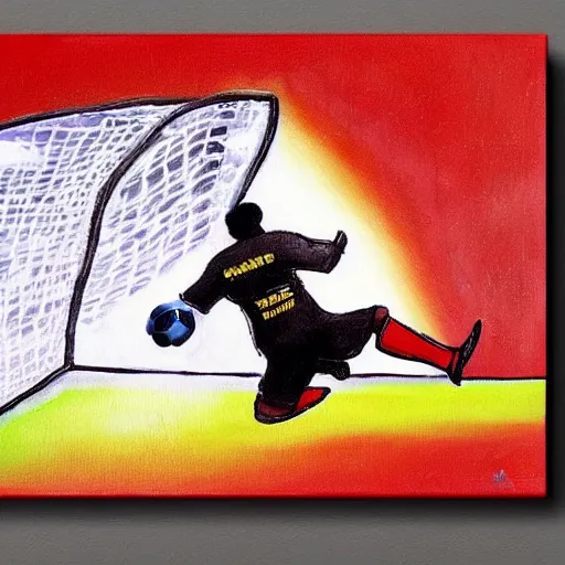 Image similar to goal keeper flying to catch a soccer ball with wings, rennasainse painting