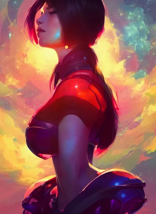 Image similar to a beautiful pensive woman, halo of planets, bright colors, highly detailed, concept art, matte, trending on artstation, anime, art by wlop and artgerm and greg rutkowski, ilya kuvshinov, strong strokes,