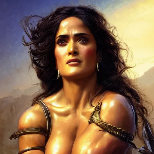 Image similar to a portrait of Salma Hayek as a barbarian, detailed, centered, digital painting, artstation, concept art, donato giancola, Joseph Christian Leyendecker, WLOP, Boris Vallejo, Breathtaking, 8k resolution, extremely detailed, beautiful, establishing shot, artistic, hyperrealistic, beautiful face, octane render