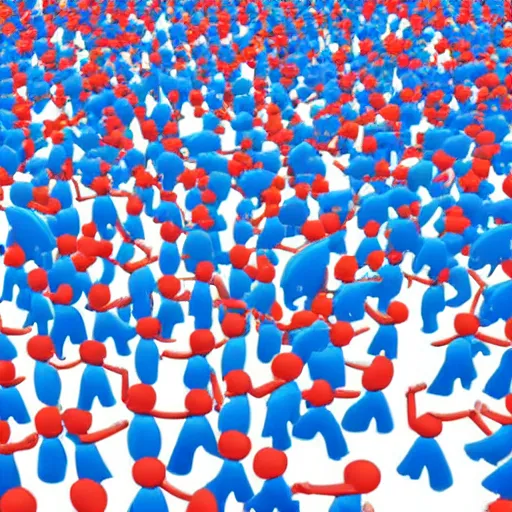 Image similar to a red person inside a giant herd of blue people, pixar graphics quality