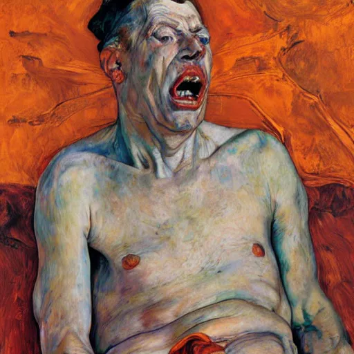 Prompt: high quality high detail expressionist painting of a man in agony by lucian freud and jenny saville and norman rockwell egon schiele and francis bacon, hd, anxiety, turquoise and orange