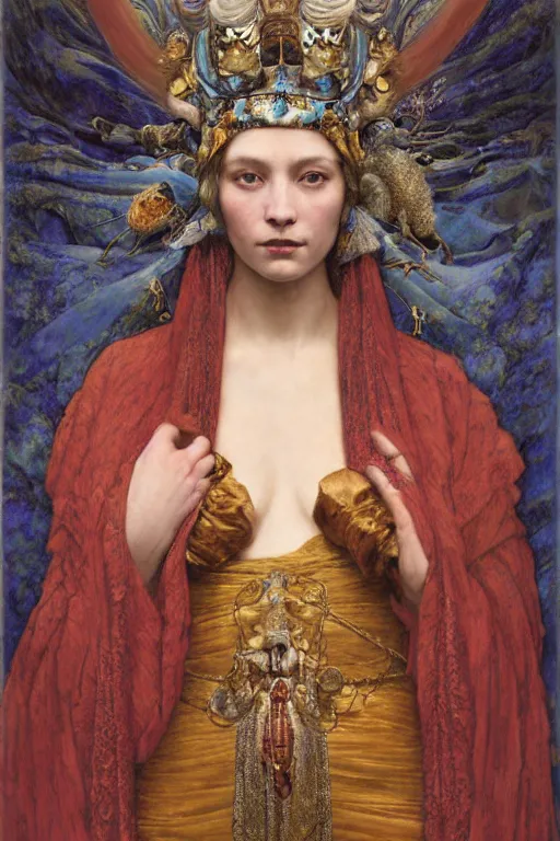 Image similar to coronation portrait of the last queen of the dawn mountains, by Donato Giancola and Annie Swynnerton and John Bauer and John William Godward and Vermeer, embroidered velvet, iridescent beetles, rich color, ornate headdress, flowing robes, lost runes, ancient civilizations, dramatic cinematic lighting, featured on Artstation, cgisociety, unreal engine, extremely detailed