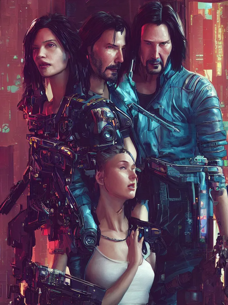 Image similar to a cyberpunk 2077 couple portrait of Keanu Reeves&female android in final kiss,love,film lighting,by Laurie Greasley,Lawrence Alma-Tadema,Dan Mumford,John Wick,Speed,Replicas,artstation,deviantart,FAN ART,full of color,Digital painting,face enhance,highly detailed,8K,octane,golden ratio,cinematic lighting