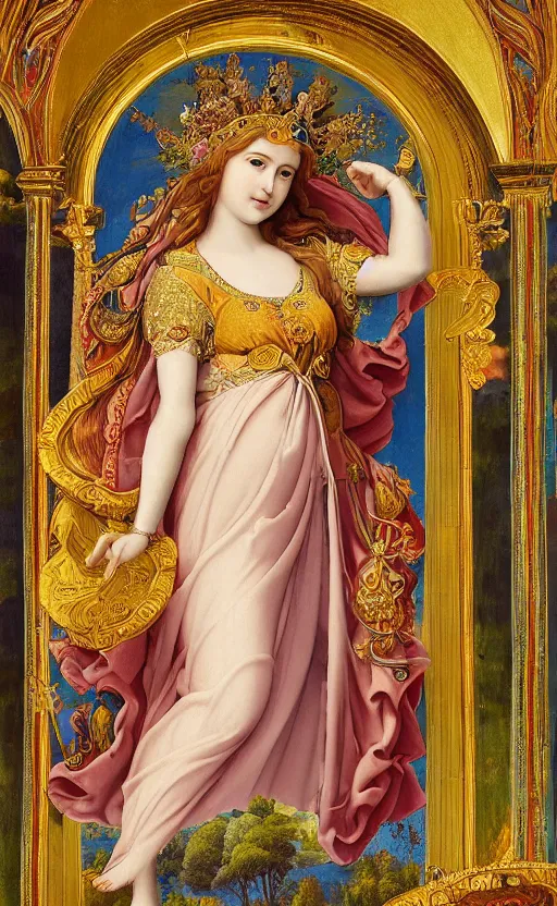 Prompt: mural of a young godess of spring, beautiful royal gown, royal ornaments, reaching towards the heavens, holy imagery, highly detailed, beautiful colors, renaissance mural, golden ratio, mural in the style of sandro boticceli, sandro boticceli