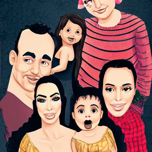 Prompt: Family portrait of Kim Kardashian and husband Freddy krueger with their 3 children. illustration, highly detailed