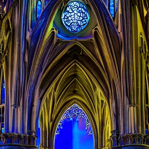 Image similar to architectural light painting nightly shot, no decaying lines, alabaster gothic cathedral with long mandala windows, reflection of red sun, blue hour, gothic sapphire female statue, intricate arabesque detailed silk dressed, macro head face