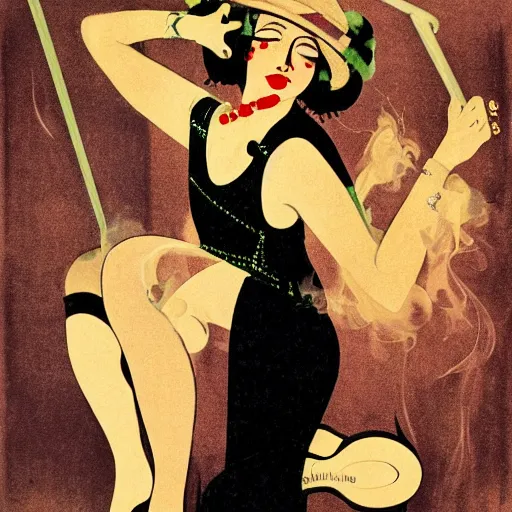 Image similar to 1 9 2 0 s flapper dancing in smoke filled speakeasy, art deco, coles phillips,