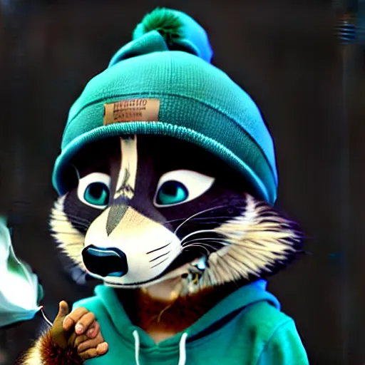 Image similar to a very relaxed stoner with a black hoodie on with a furry raccoon head from zootopia, wearing teal beanie, holding a small vape, blowing out smoke, 3 d render, 8 k, 4 k, extremely detailed fur, wearing a cool marijuana leaf t - shirt