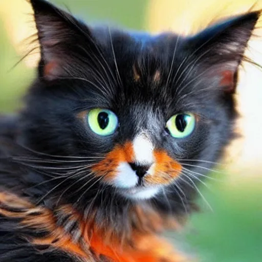 Prompt: cute little long haired tortoiseshell!!!! cat, black with ((orange)) specks, yellow eyes