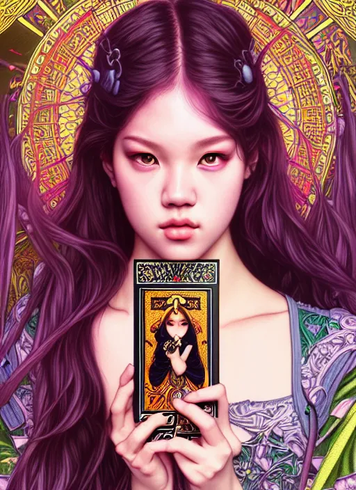 Image similar to jossi of blackpink, king, tarot card, highly detailed, digital painting, smooth, sharp focus, illustration, ultra realistic, 8 k, art by artgerm and alphonse mucha