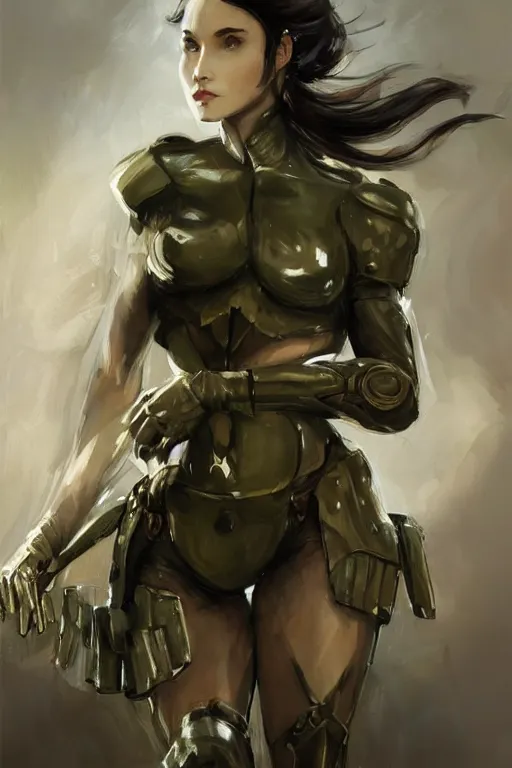 Image similar to a professionally painted portrait of an attractive young woman, clothed in military armor, olive skin, long dark hair, beautiful bone structure, symmetrical facial features, intricate, elegant, digital painting, trending on Artstation, concept art, smooth, sharp focus, illustration, from Metal Gear by Ruan Jia and Mandy Jurgens and Artgerm and William-Adolphe Bouguerea, award winning