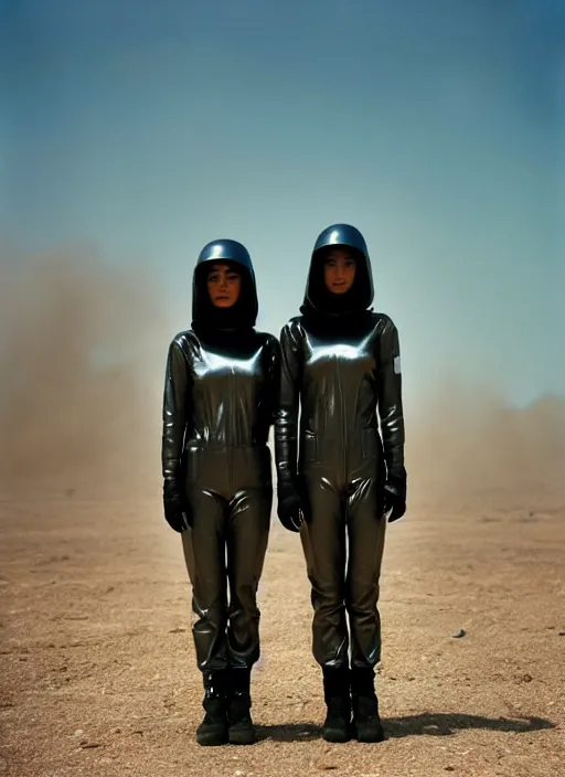Prompt: cinestill 5 0 d photographic portrait of two loving clones, techwear women on a desolate plain, a brutalist dark metal facility in the background, dust storm, depth of field, 4 k, 8 k, hd, full color