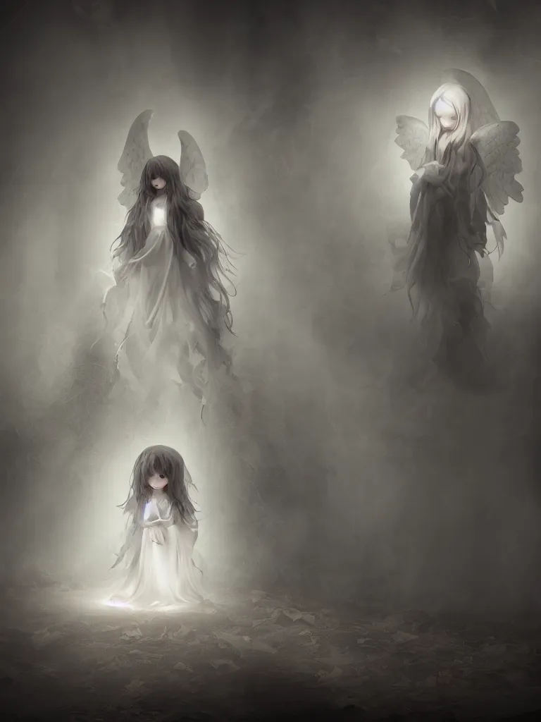 Image similar to cute fumo plush gothic angel maiden girl in hood ghost wraith making an apparition in an abandoned church, fallen angel, wisps of smoke and glowing volumetric fog, vignette, orthographic, vray