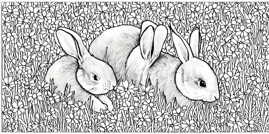 Image similar to Black and white coloring book page of a bunny rabbit and wildflowers